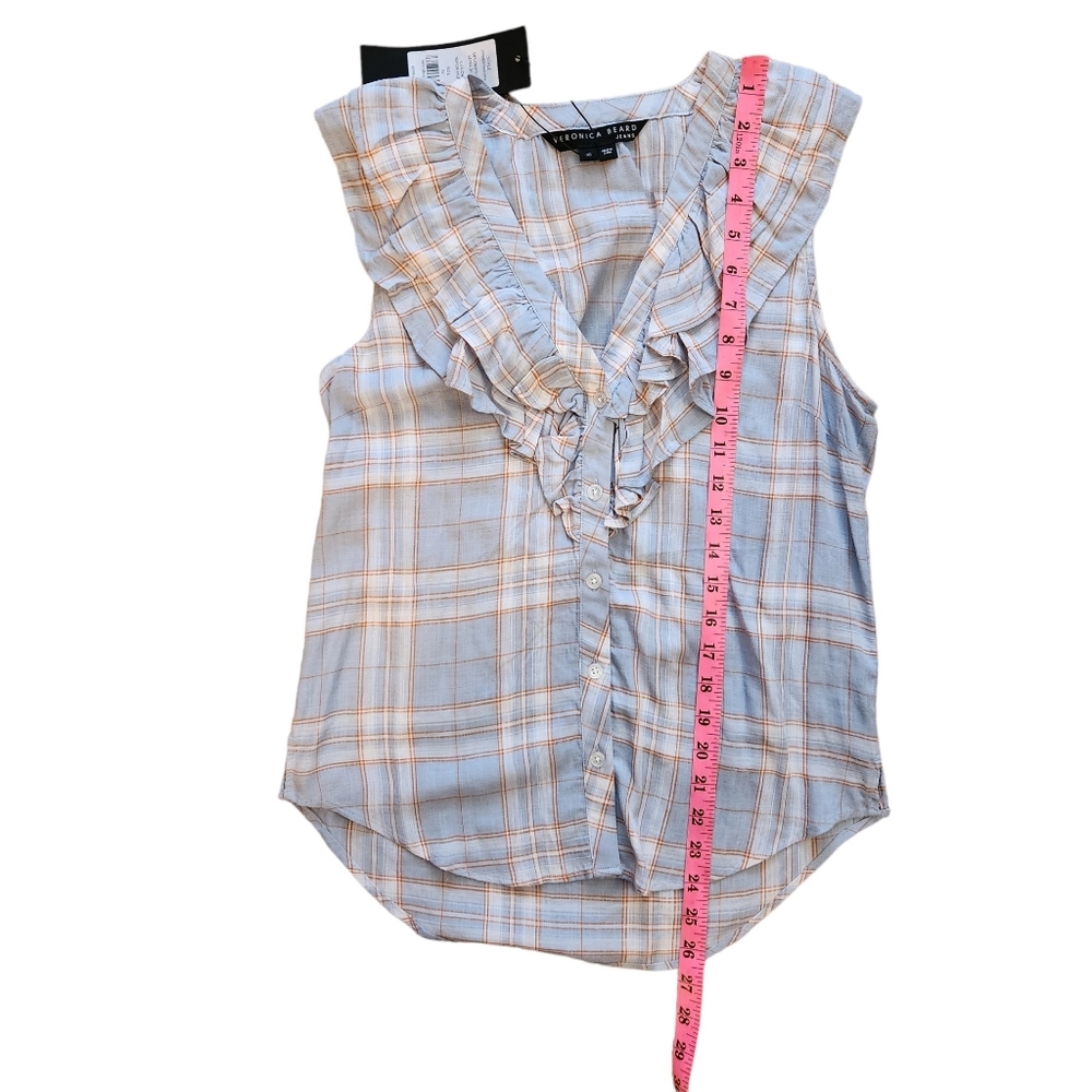 Veronica Beard NWT Size XS Leina Shirt in Vapor Multi, Sleeveless Ruffles Linen - Picture 8 of 14